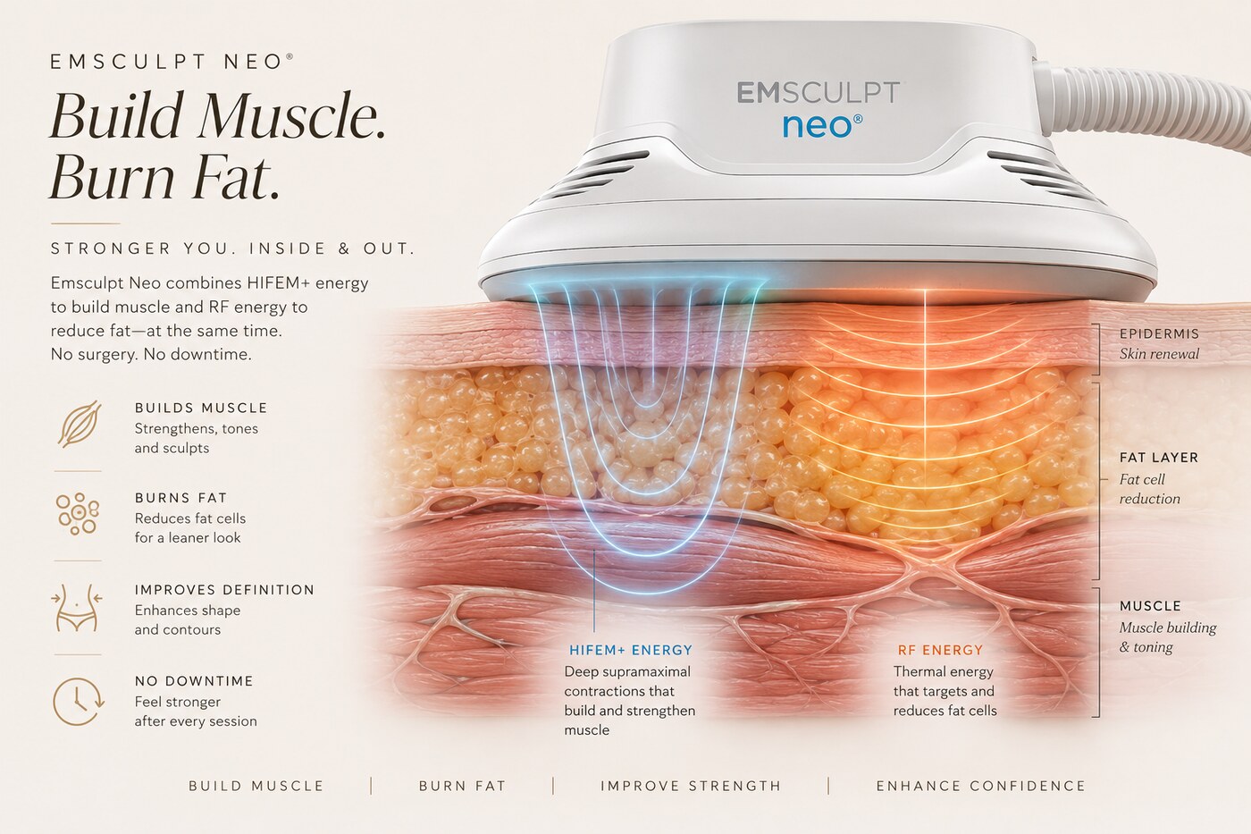 Emsculpt Neo diagram showing HIFEM+ energy for muscle building and RF energy for fat reduction at Opal Aesthetics & Wellness