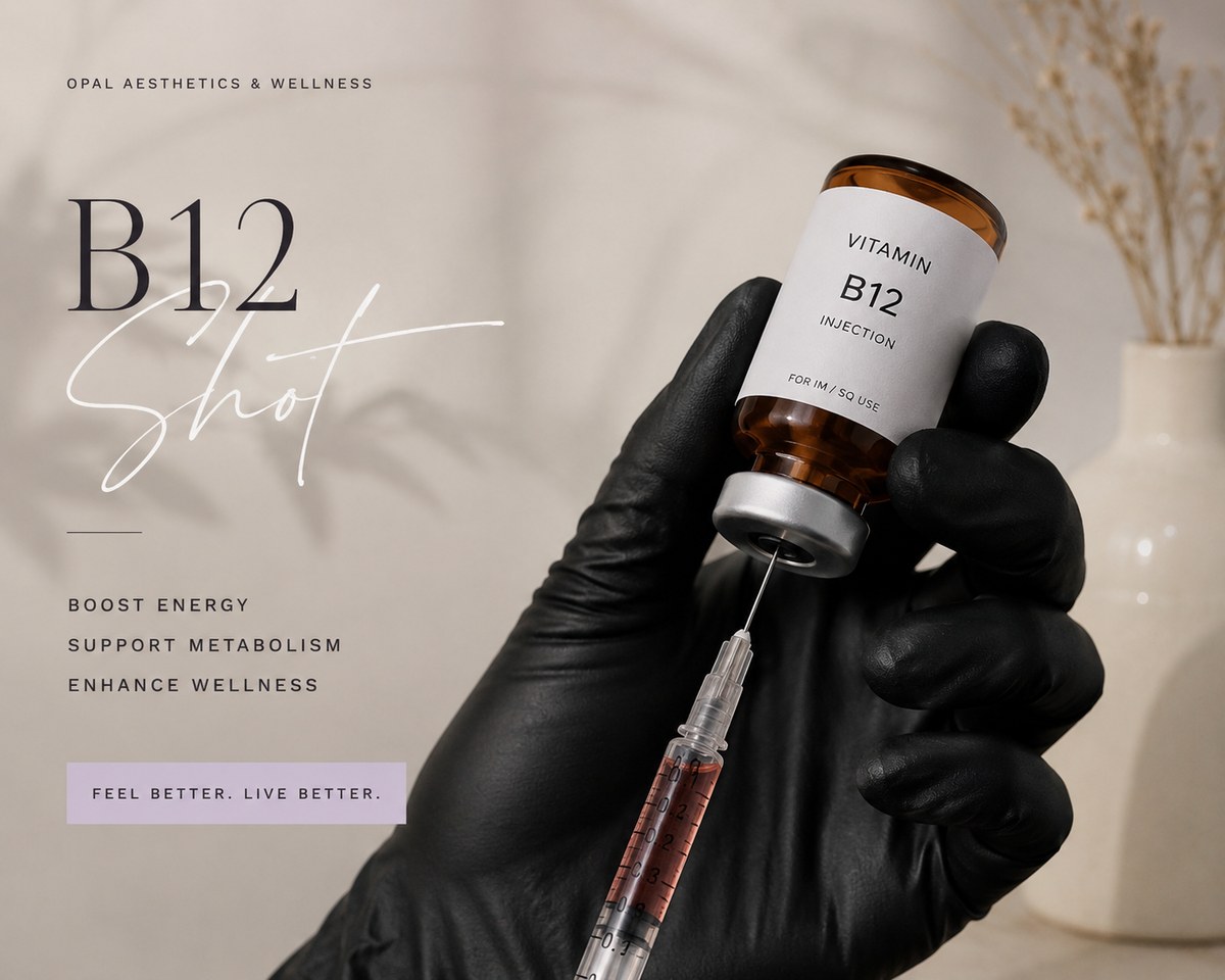 Opal Aesthetics & Wellness branded B12 shot vial and syringe