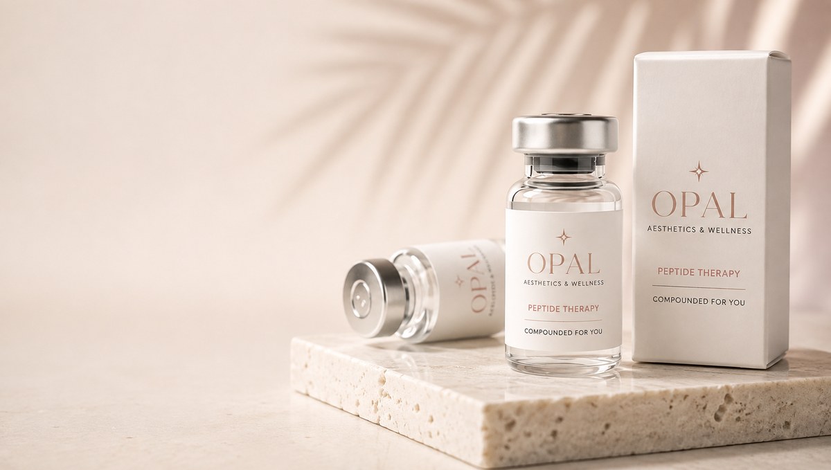Opal Aesthetics & Wellness branded Peptide Therapy vial and packaging