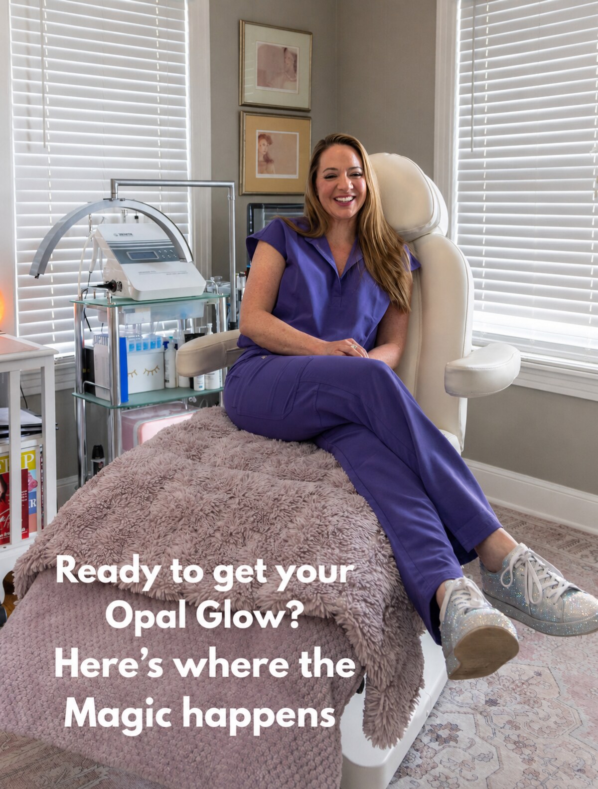 Priscilla in the treatment chair at Opal Aesthetics & Wellness in Dripping Springs, Texas