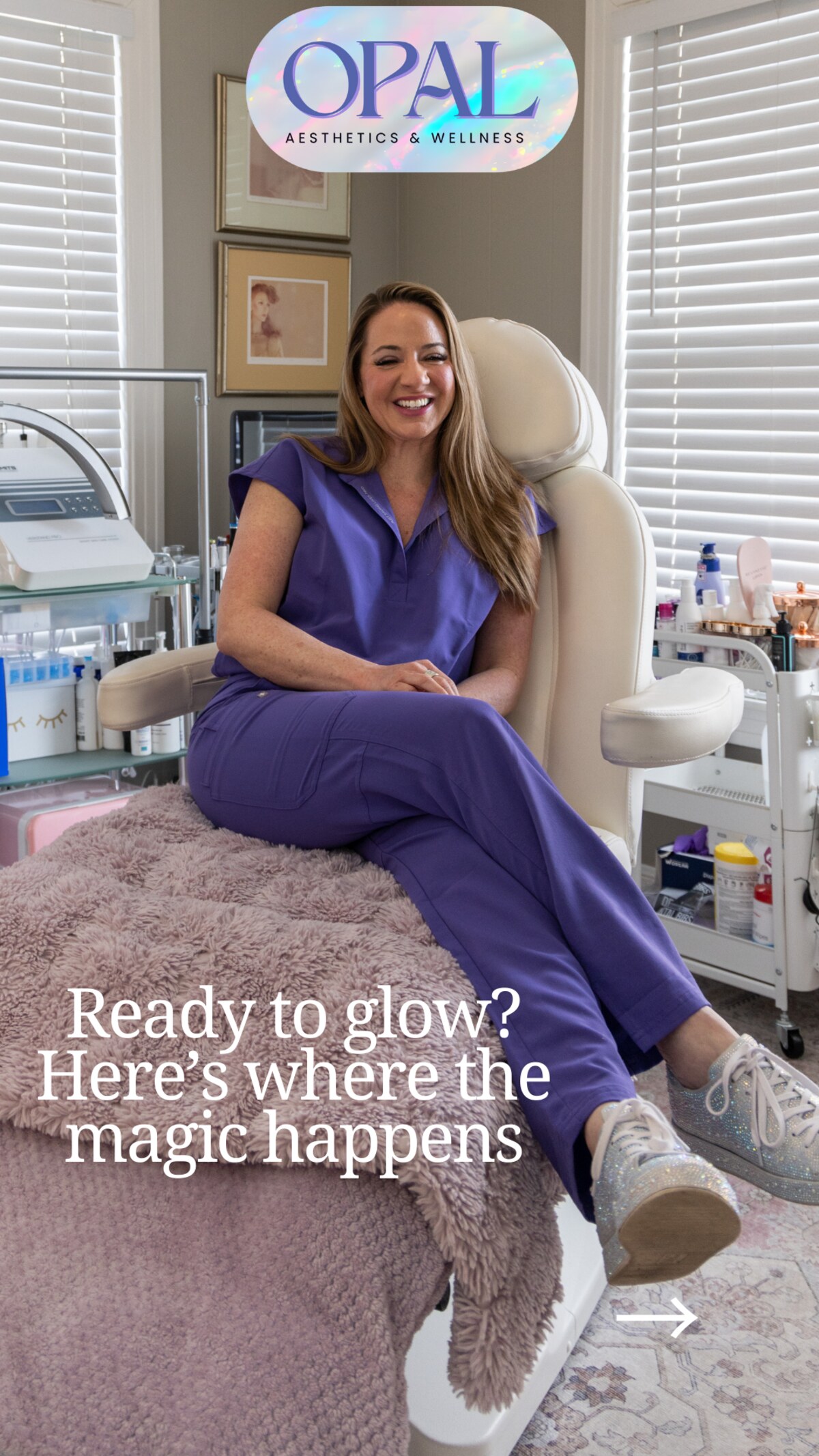 Priscilla in the treatment chair at Opal Aesthetics & Wellness in Dripping Springs, Texas