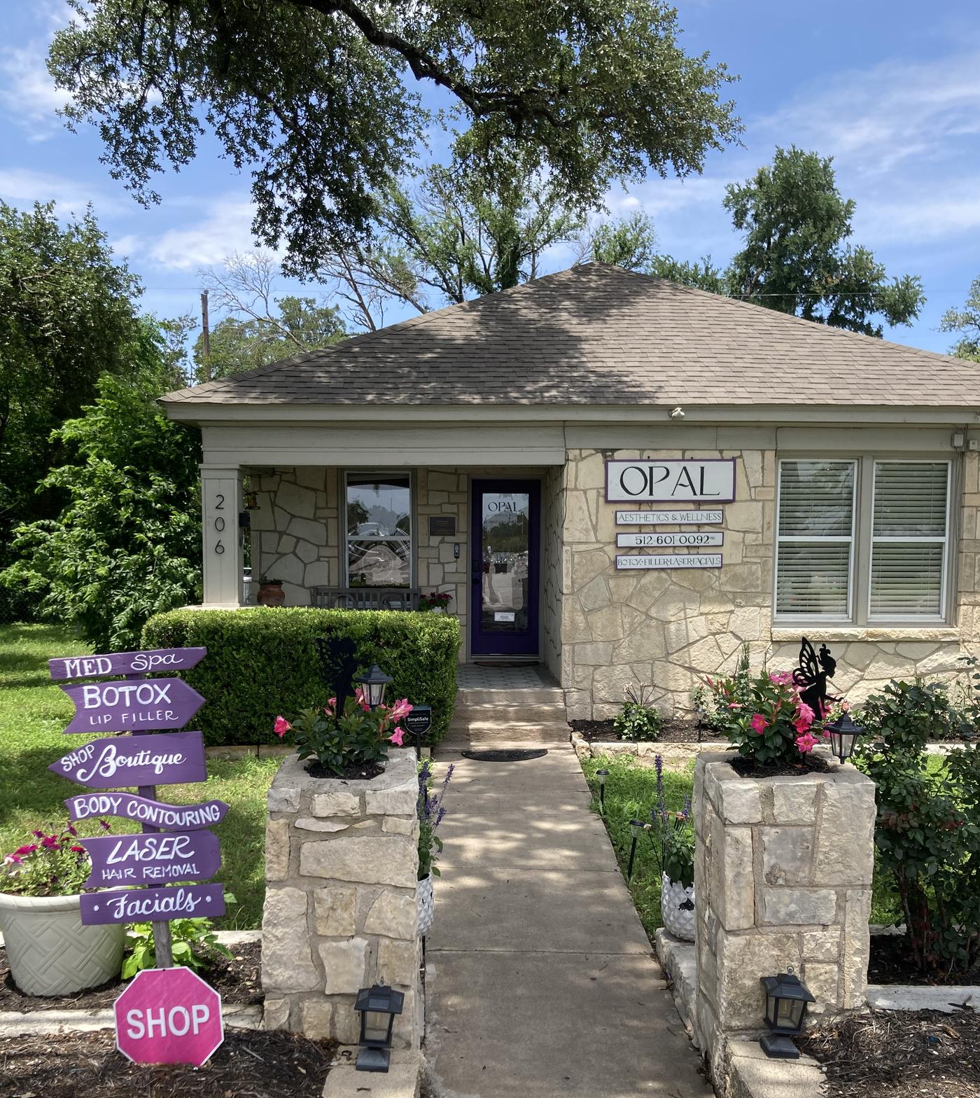 Opal Aesthetics & Wellness storefront on Mercer Street in Dripping Springs, Texas